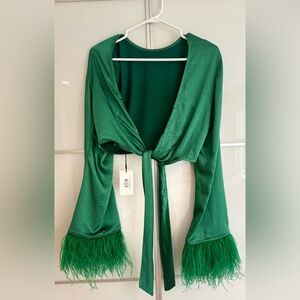 SLA The Label Feather Trim Flare Sleeve Cropped top